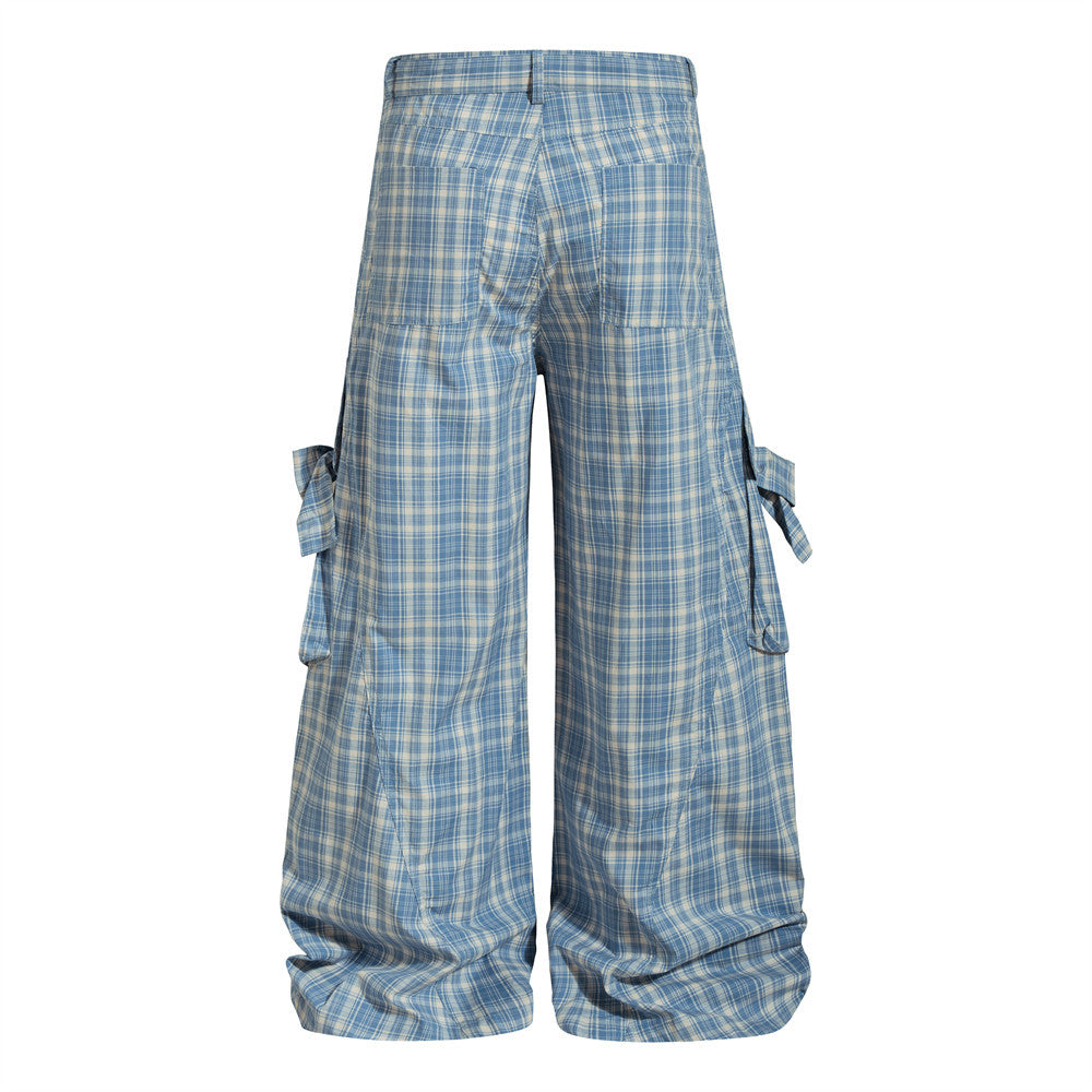 Pantalón Largo Holgado Cuadros Lazo Bolsillos Grandes Algodón Talle Medio Mujer