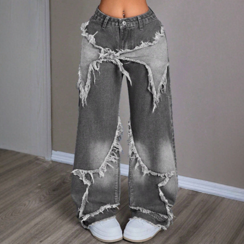 Vintage Star Patchwork Heavy Washed Denim Pants Women Raw Hem Design Floor-Length Straight Leg Jeans