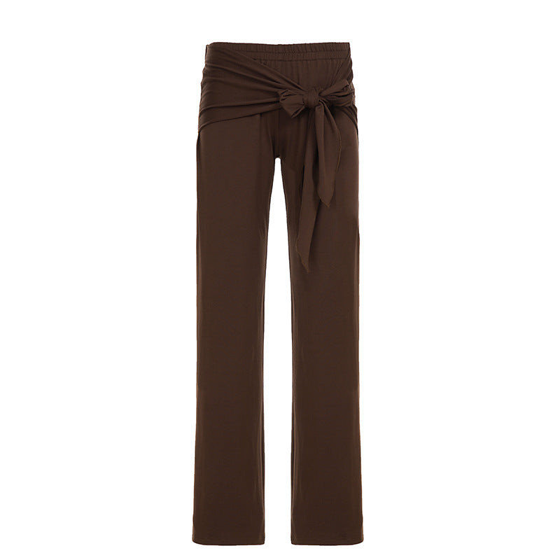 Pantalón Largo Acampanado Liso Cordón Talle Bajo Holgado Estilizador Marrón Mujer