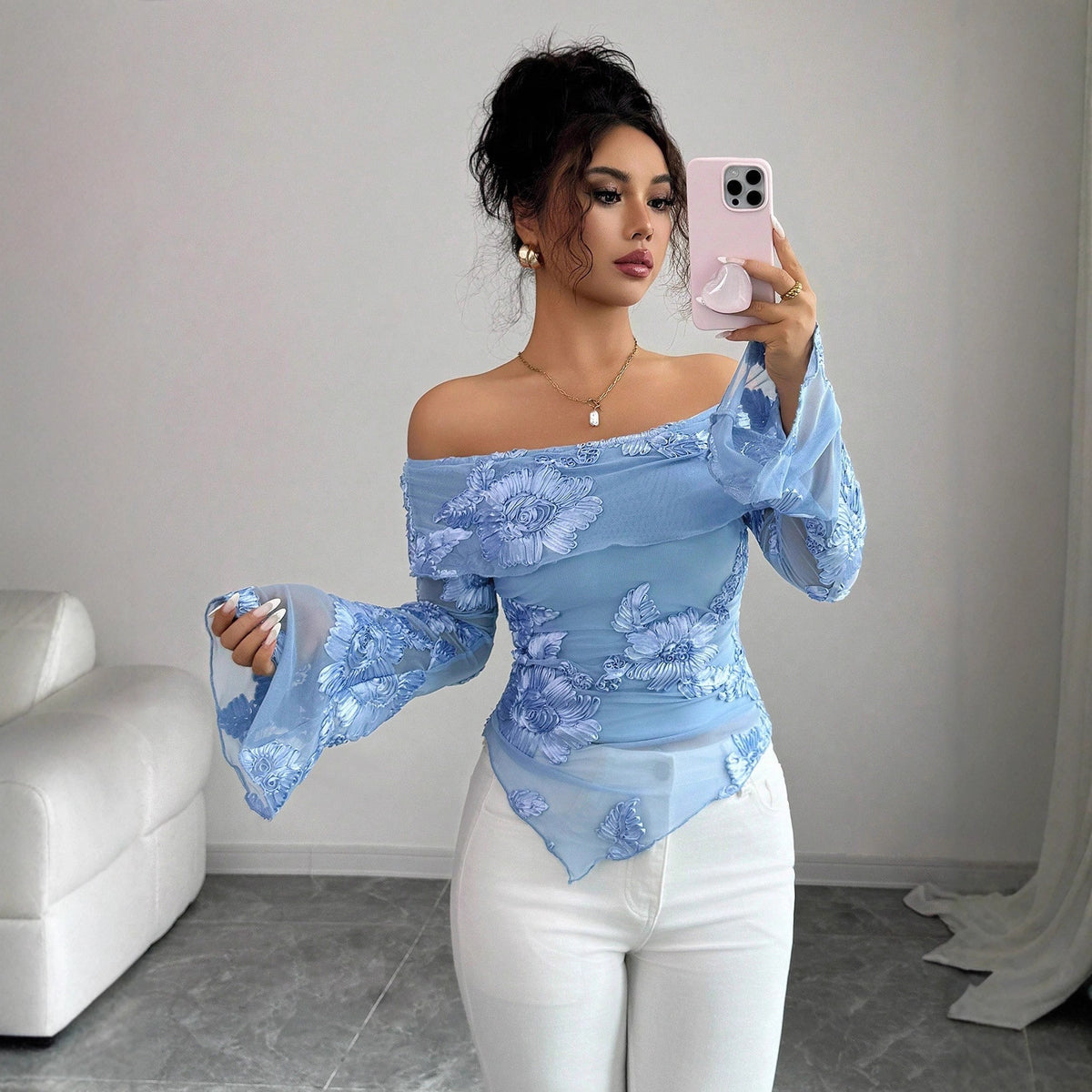 Top Malla Floral Manga Acampanada Bajo Asimétrico Mujer