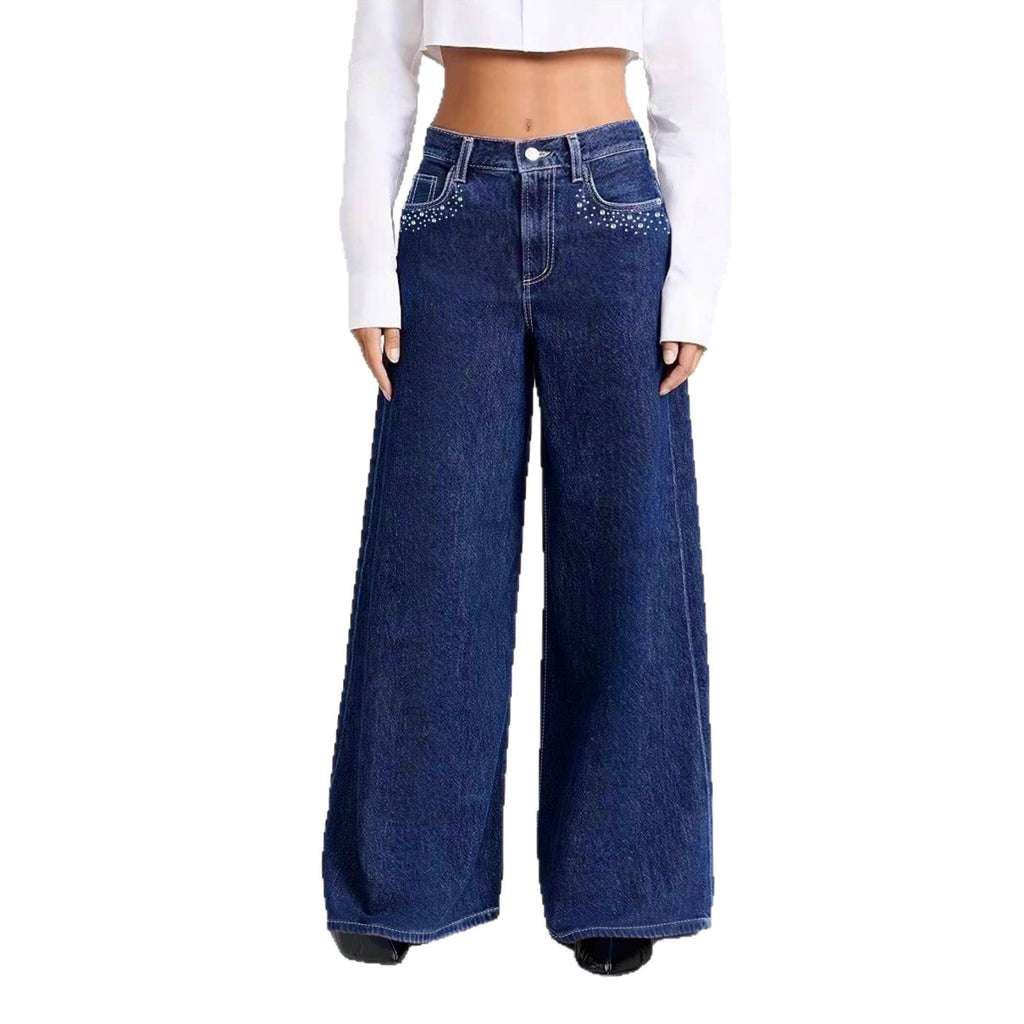 Vaquero Largo Pierna Ancha Talle Medio Strass Bolsillo Denim Lavado Casual Mujer