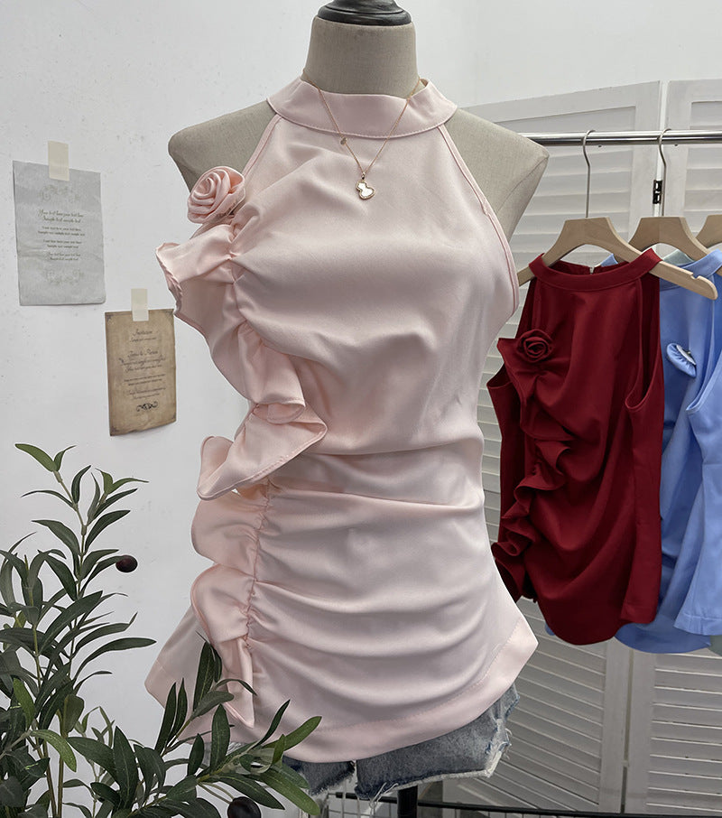 Sleeveless ruffled three-dimensional flower top