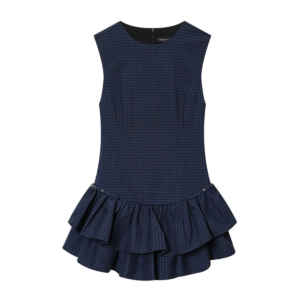 Vestido Mini a Cuadros con Decoración en Capas Sin Mangas Silueta A-Line Mujer
