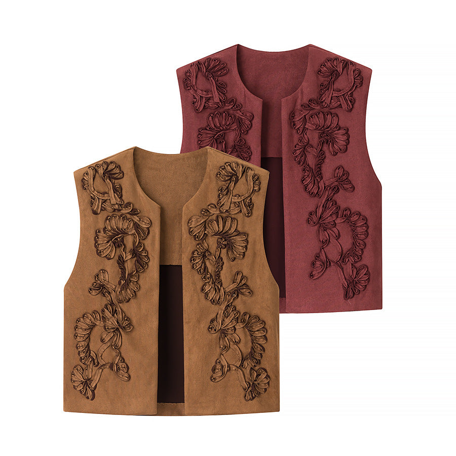 Fashion Embroidered Suede Texture Round Neck Vest Top for Women