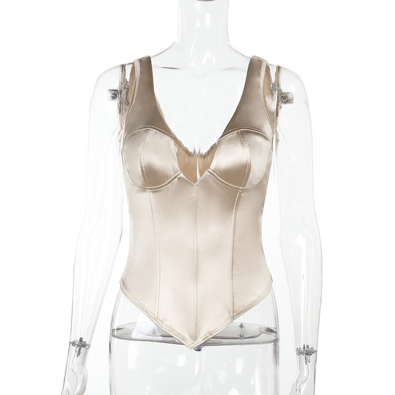 Top Satinado Sin Mangas Cuello V Cintura Ceñida Slim Elegante Mujer