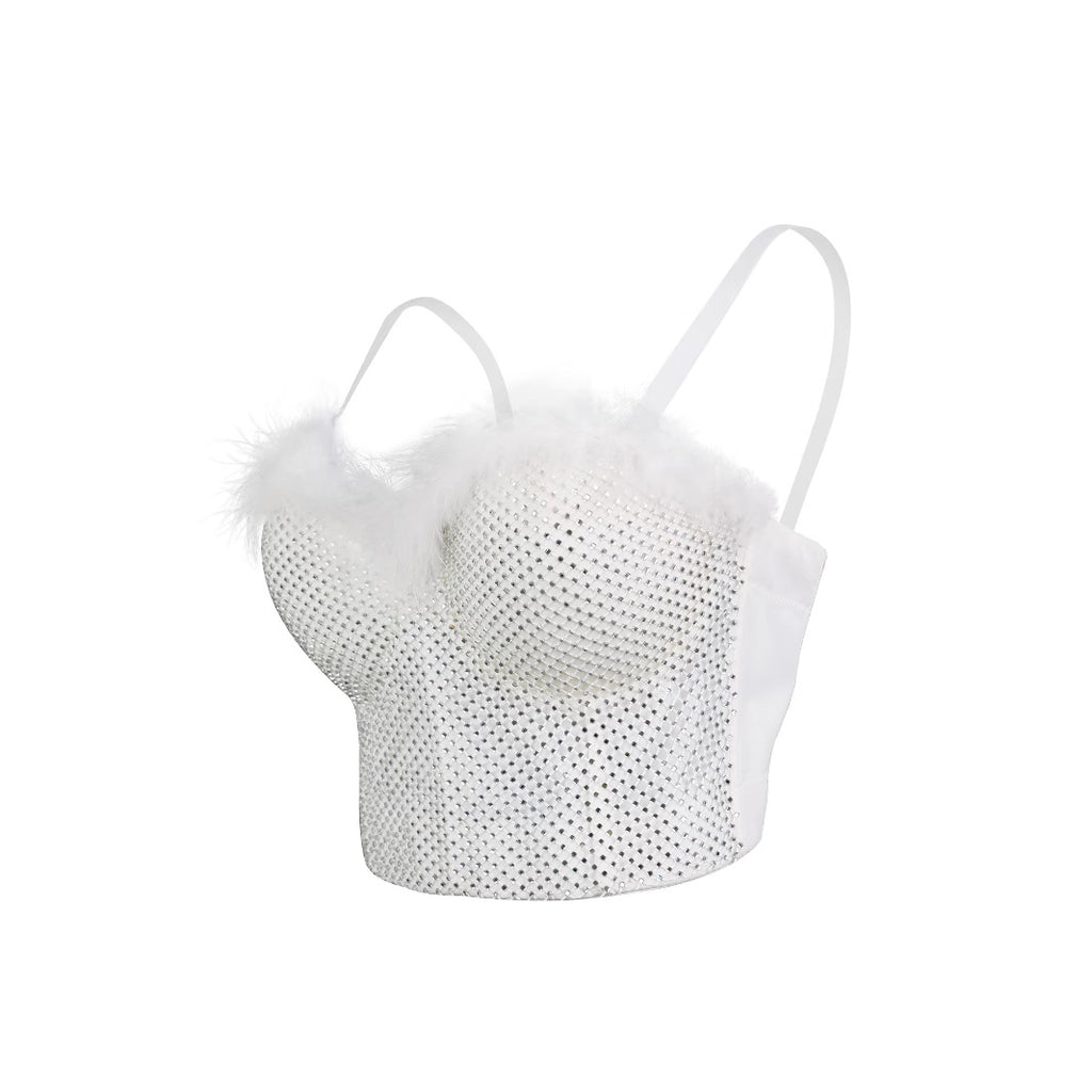Lace-Up Back Fitted Camisole with Feather and Rhinestone Embellishments