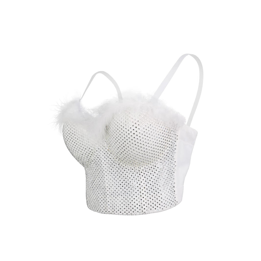 Lace-Up Back Fitted Camisole with Feather and Rhinestone Embellishments