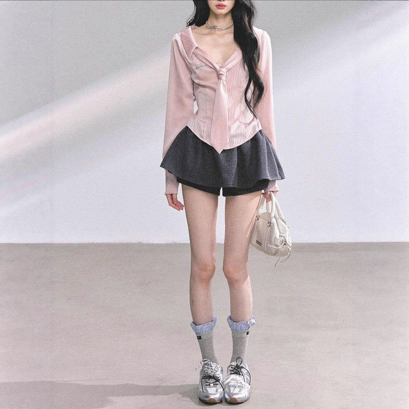Striped Polo Collar Shirt Slim Fit Sweet Top