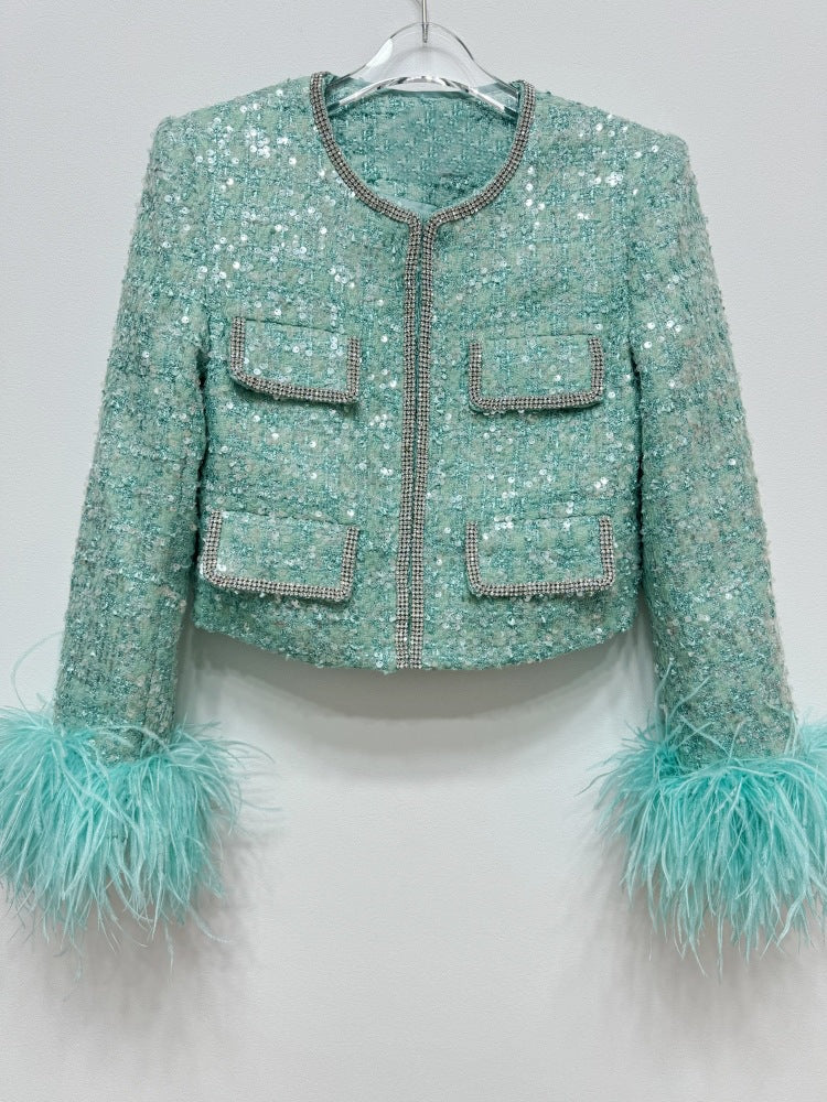 Chaqueta Corta Lana Poliéster Manga Larga Plumas Lentejuelas Glamurosa Elegante Mujer