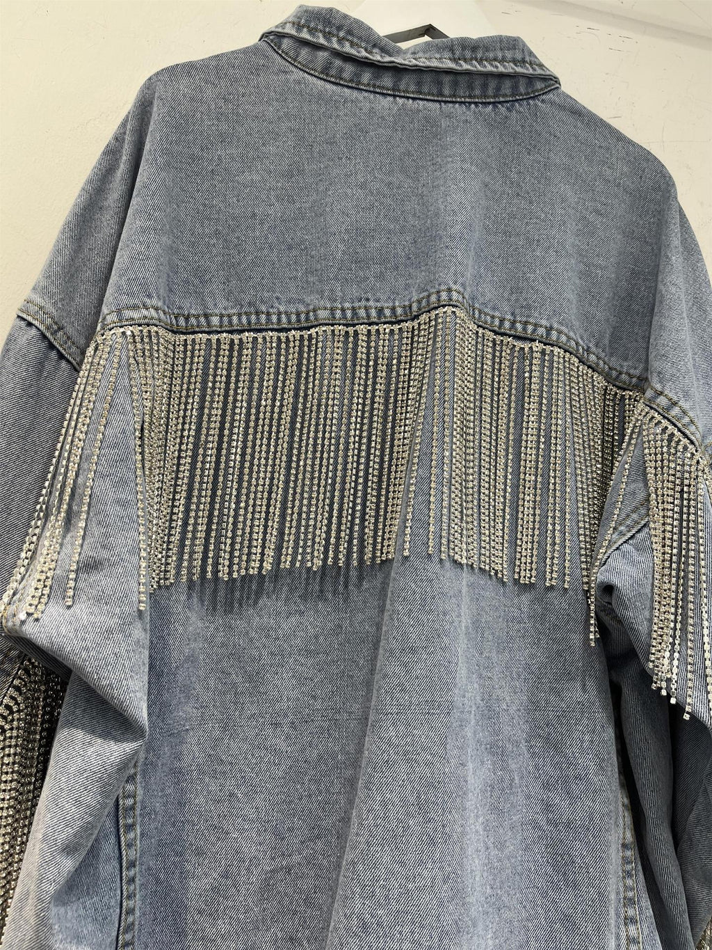 Chaqueta Corta Vaquera Denim Algodón Manga Murciélago Cadenas Flecos Industria Pesada Street Fashion Mujer Azul