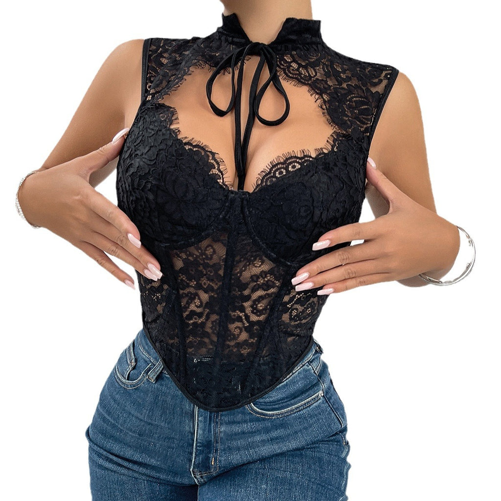 Top Encaje Transparente Bralette Corto Mujer