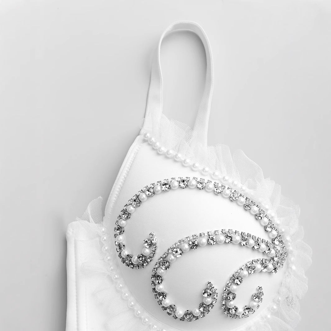 Women's Vest with Rhinestone  White Strap Inner Wear Spicy Girl