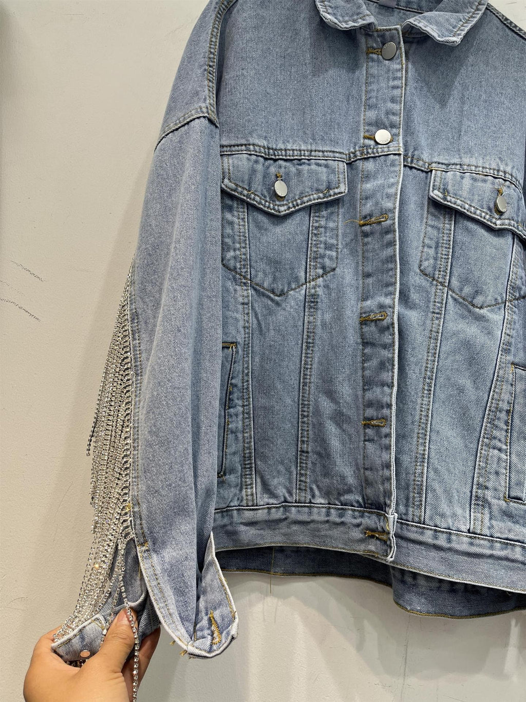 Chaqueta Corta Vaquera Denim Algodón Manga Murciélago Cadenas Flecos Industria Pesada Street Fashion Mujer Azul