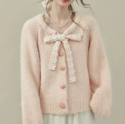 Soft Style Bow Flower Tie-Neck Knit Cardigan for Women