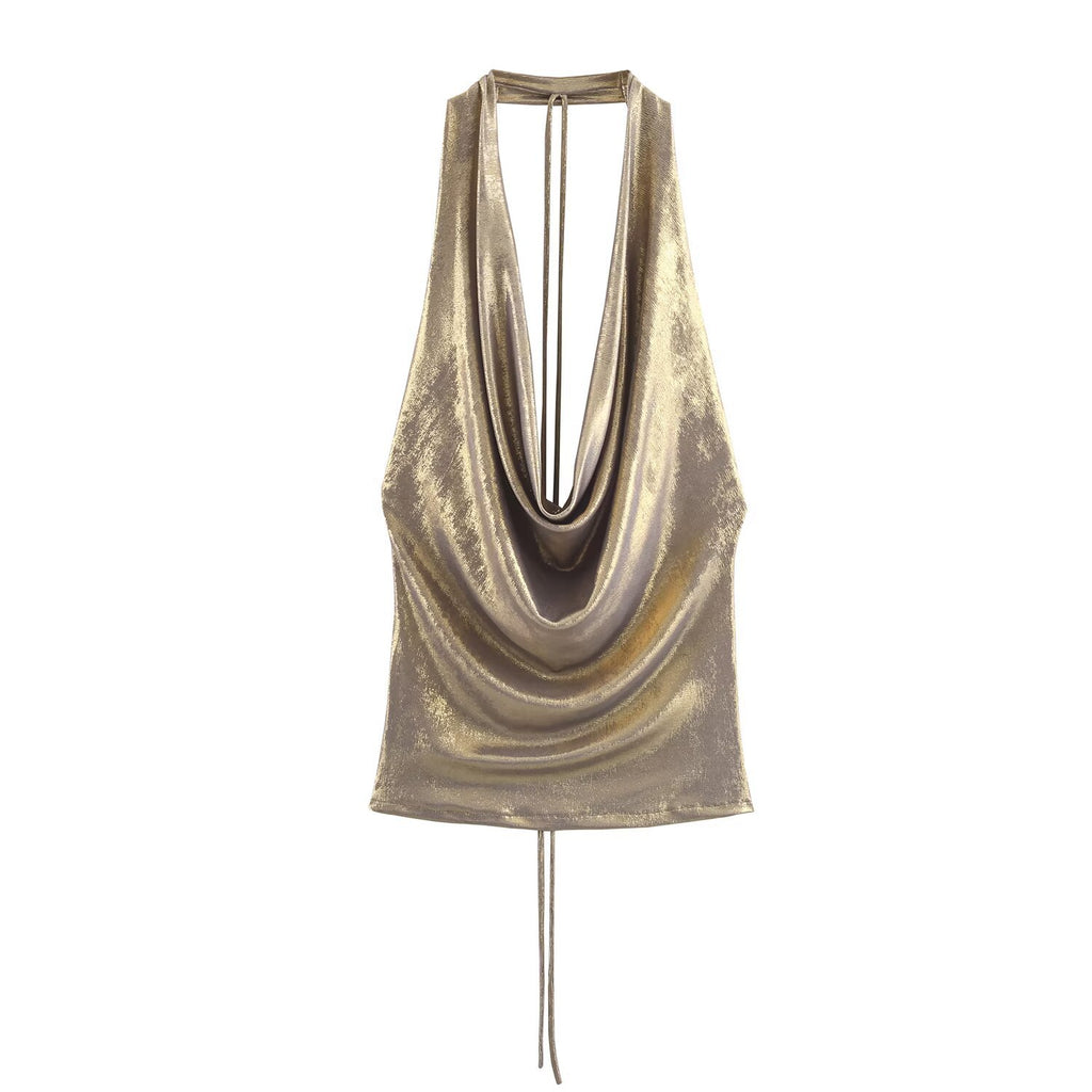 Spicy girl pleated neck hanging collar top
