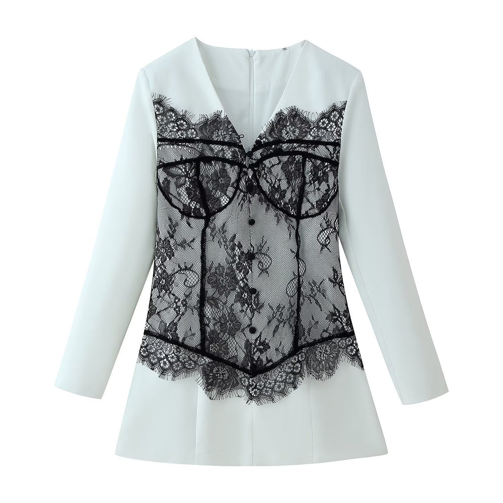 V-neck long sleeved patchwork contrasting lace dress