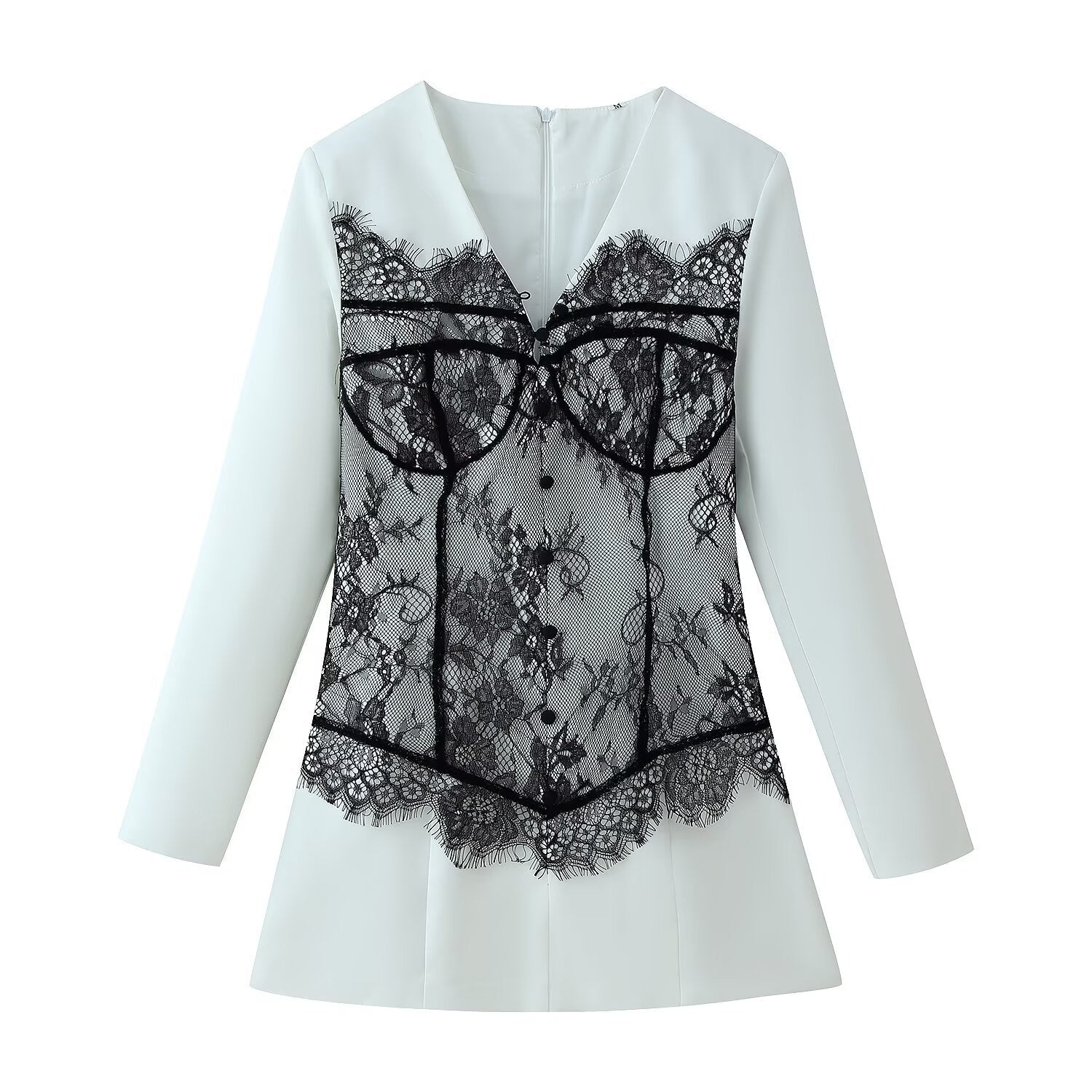 V-neck long sleeved patchwork contrasting lace dress