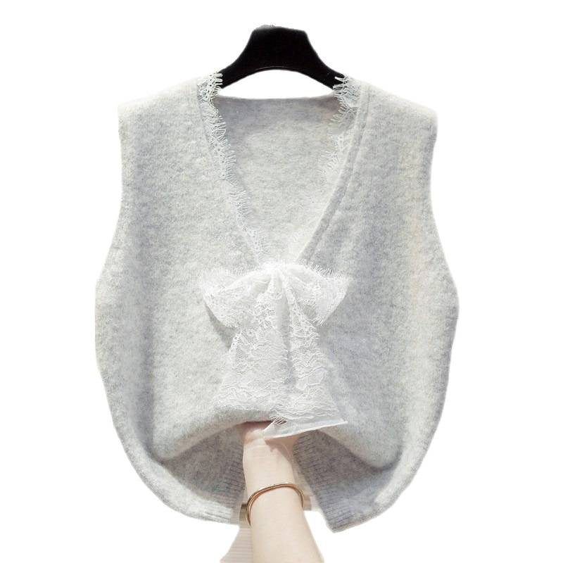 Lace Bow Knit Vest for Women, Soft and Loose V-Neck Sleeveless Sweater