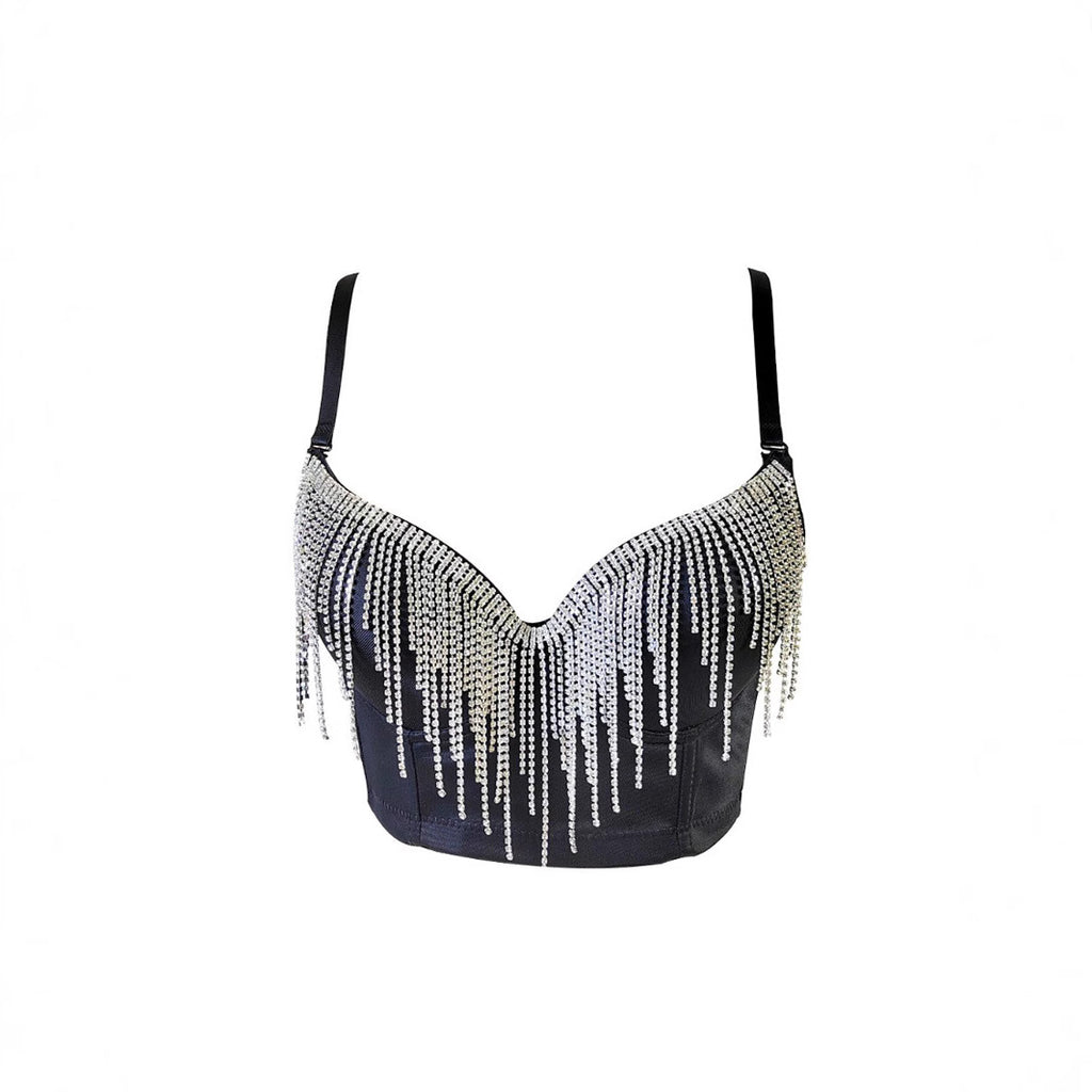 Top Strapless Strass Borlas Espalda Descubierta Sujetador Integrado Mujer