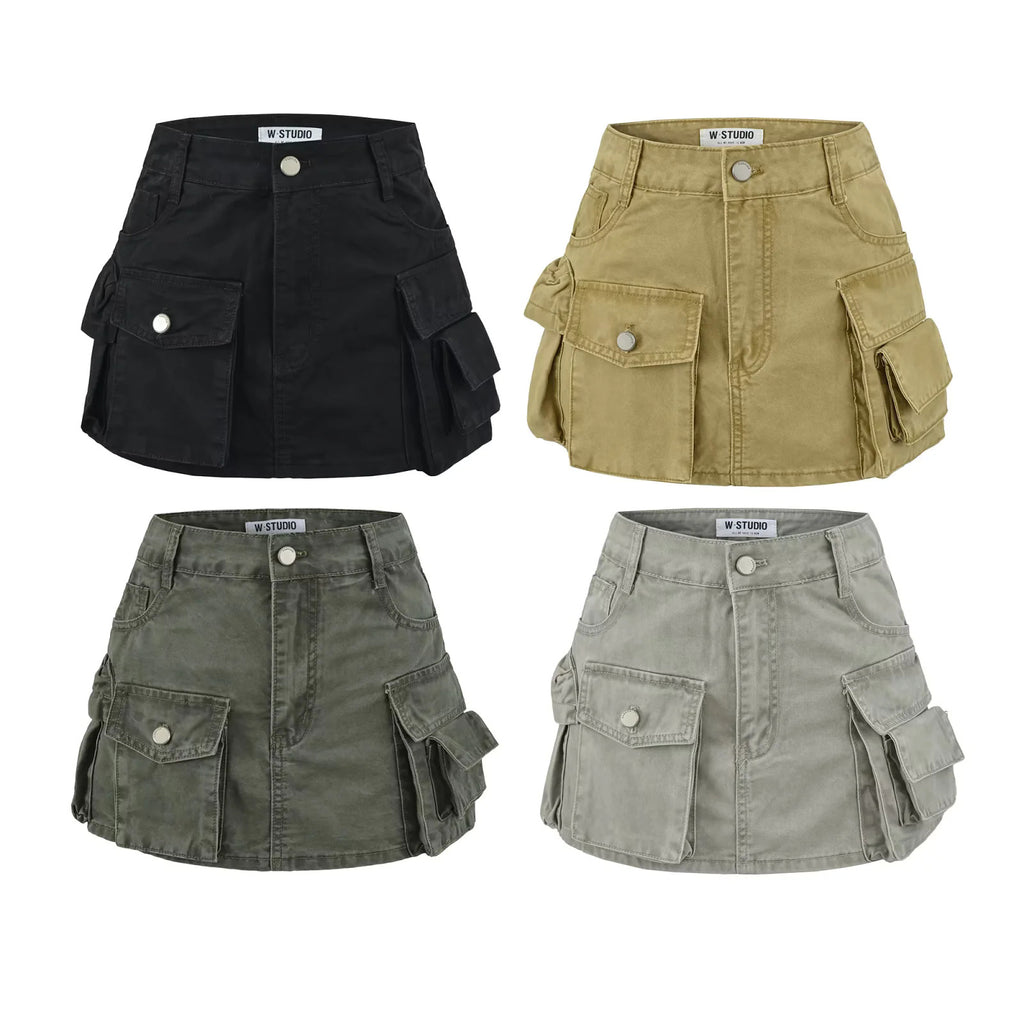 Washed Denim Cargo Skirt for Women, High-Quality A-Line Mini Skirt with Large Pockets, Mid-Low Waist