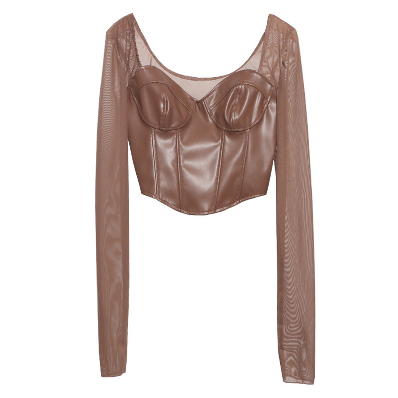 PU leather splicing mesh square neck long sleeved top