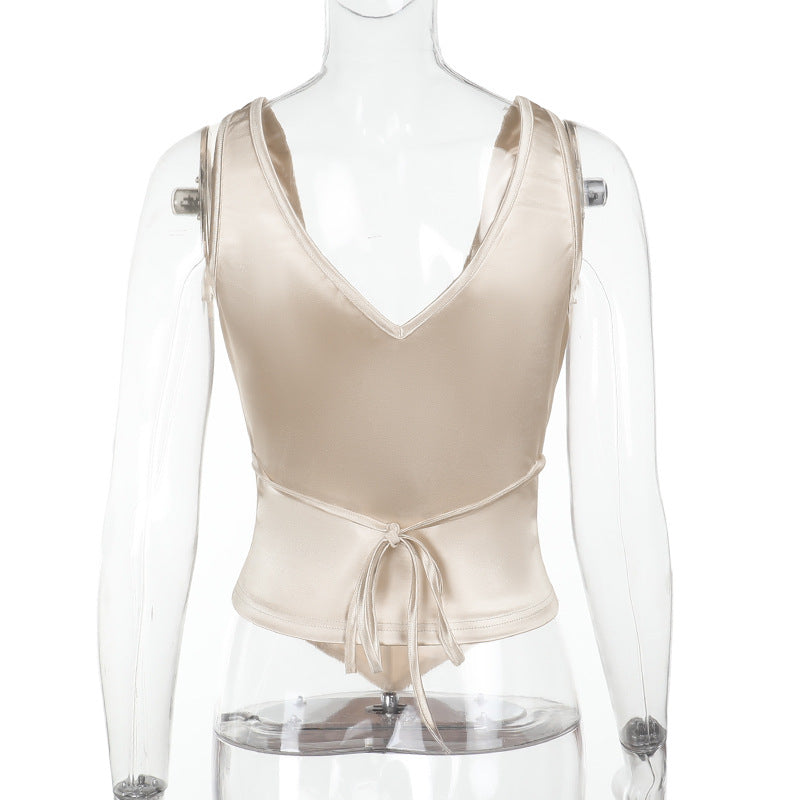 Top Satinado Sin Mangas Cuello V Cintura Ceñida Slim Elegante Mujer