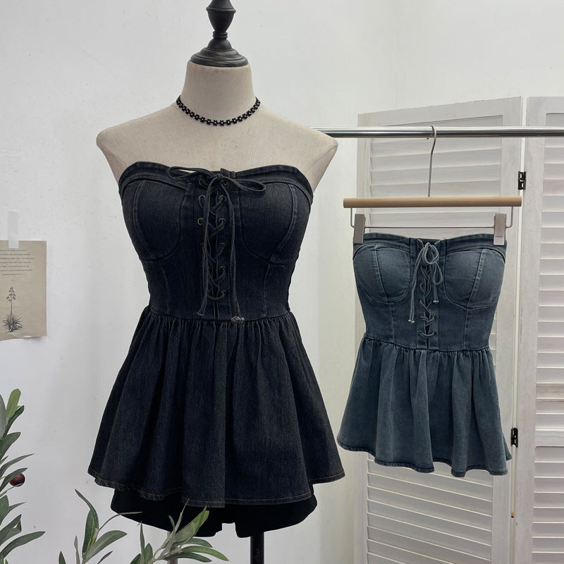 Strapless denim vest with rope tie and sleeveless top