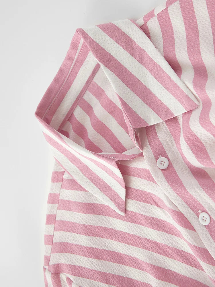Women pink Color Striped Bow Casual Blouse New Lapel Long Sleeve Loose Fit Shirt Fashion Tide Spring Autumn