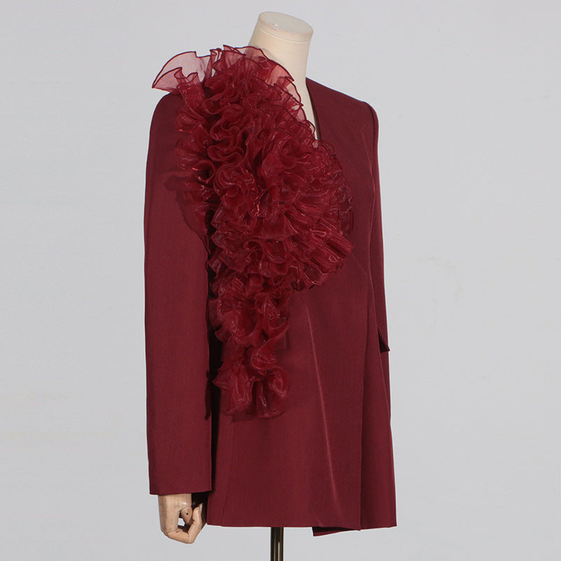 Blazer Poliéster Slim Fit Encaje Floral Empalmado Cuello V Manga Larga Elegante Alta Gama Mujer Rojo