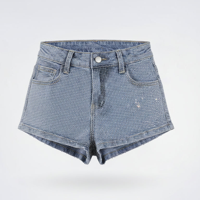 Shorts de mezclilla de cintura alta con pedrería