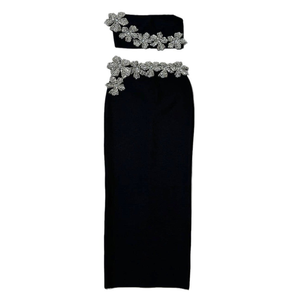 Top corto y falda larga con tirantes, flores, diamantes y cristales para mujer. Conjunto de dos piezas con vendaje. Vestido elegante para fiesta de noche.