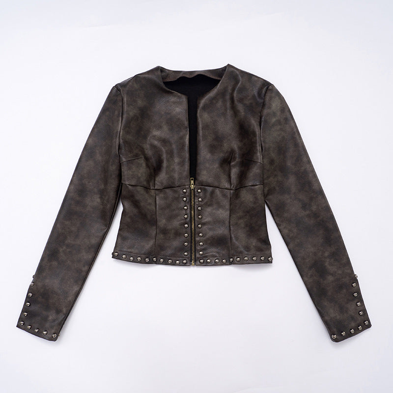 Chaqueta Crop PU Marrón Manga Larga Escote V con Cremallera