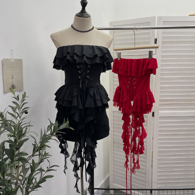 Lace strapless top with ruffled edges and lace patchwork