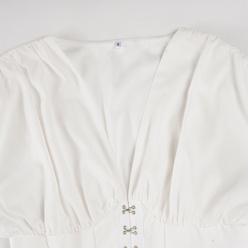 Top Chifón Cuello V Manga Linterna Cintura Fruncida