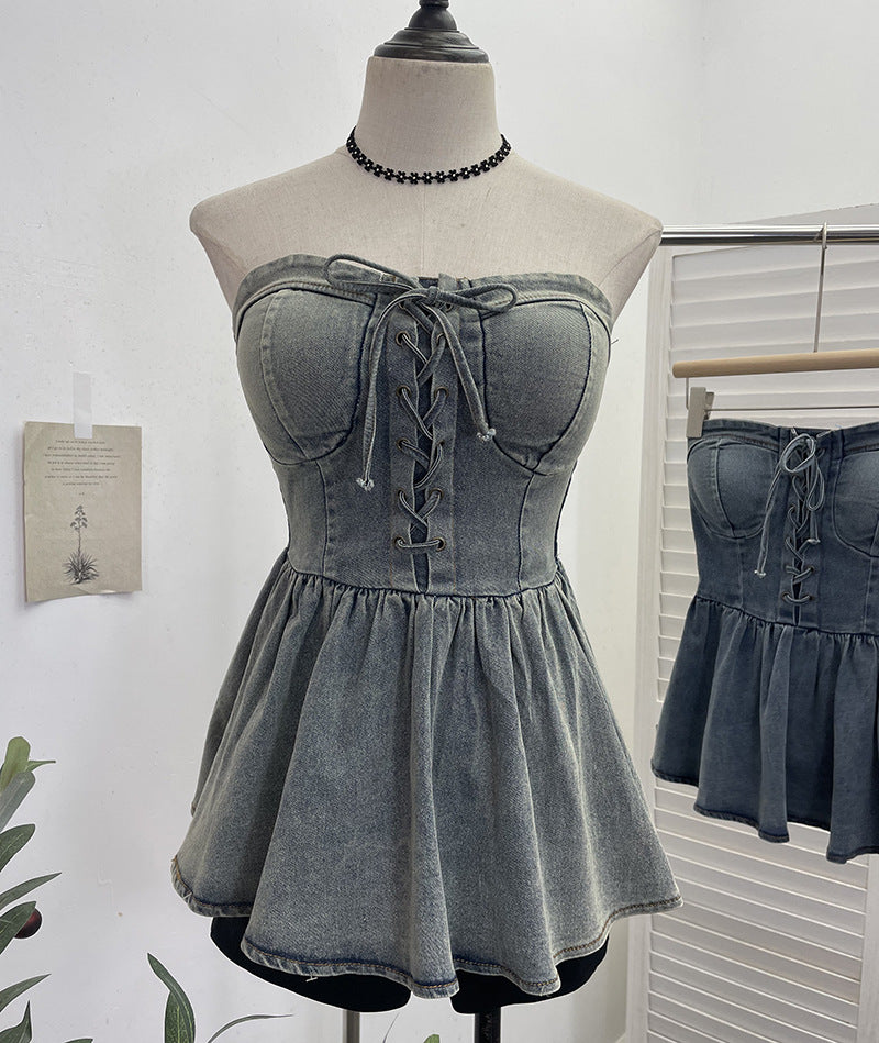 Strapless denim vest with rope tie and sleeveless top
