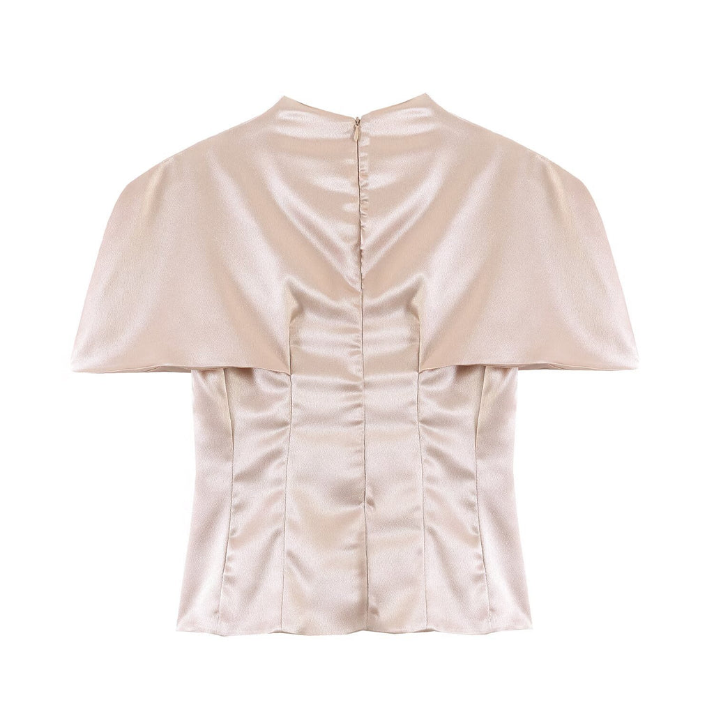 Satin standing collar cape waist cinched top