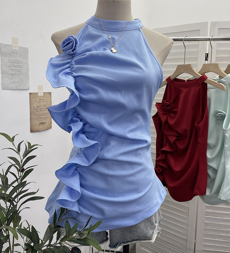Sleeveless ruffled three-dimensional flower top