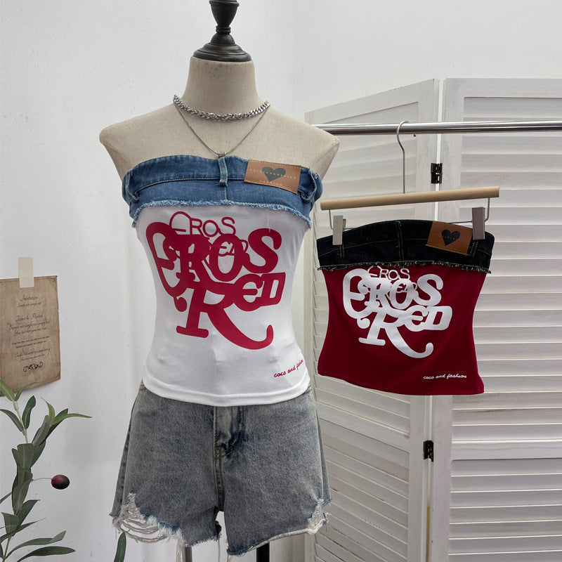 Strapless spicy girl letter printed strapless top