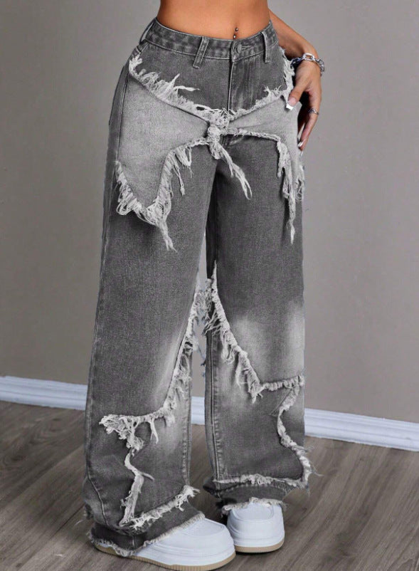 Vintage Star Patchwork Heavy Washed Denim Pants Women Raw Hem Design Floor-Length Straight Leg Jeans