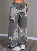 Vintage Star Patchwork Heavy Washed Denim Pants Women Raw Hem Design Floor-Length Straight Leg Jeans