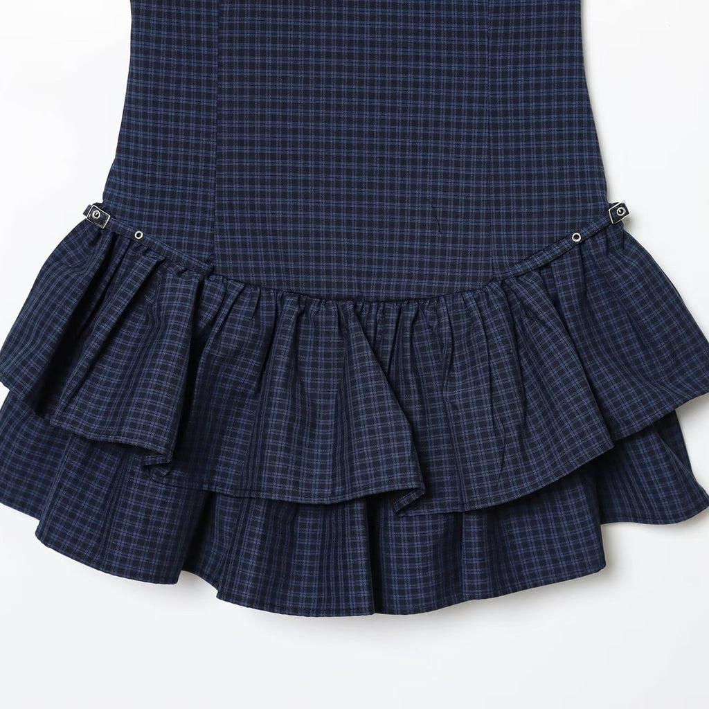 Vestido Mini a Cuadros con Decoración en Capas Sin Mangas Silueta A-Line Mujer