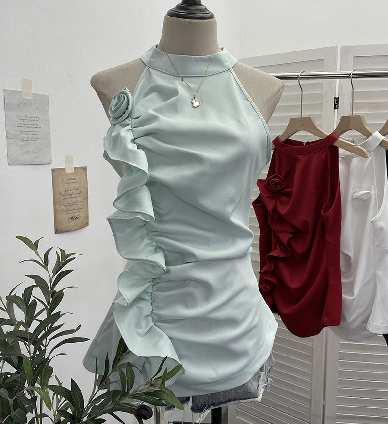 Sleeveless ruffled three-dimensional flower top