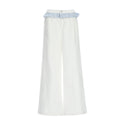 Pantalón Pierna Ancha Cintura Alta Encaje Empalme Botones Casual Romántico Blanco Mujer