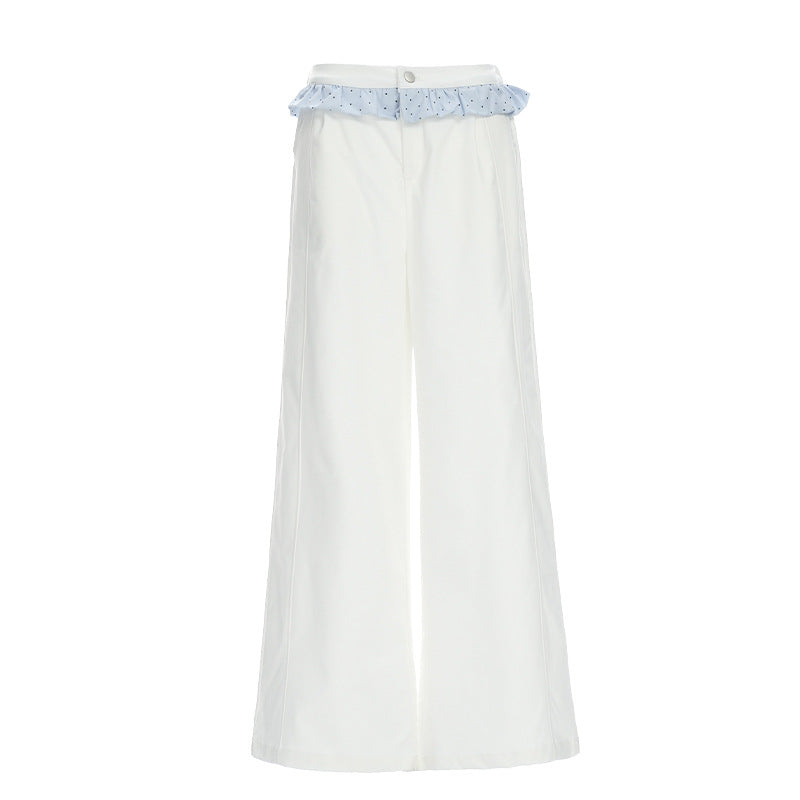 Pantalón Pierna Ancha Cintura Alta Encaje Empalme Botones Casual Romántico Blanco Mujer