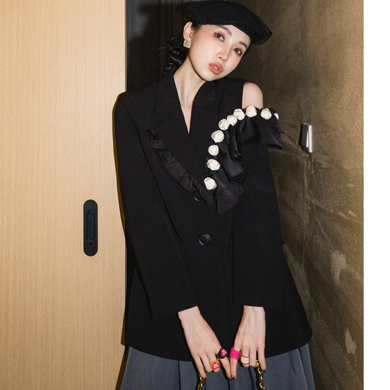 Blazer Negro Holgado Calavera Gótica Cuello Ola Manga Larga Mujer
