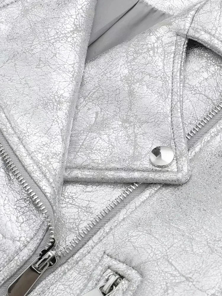 Chaqueta Bomber Corta Cuero Sintético Plateado Manga Larga Solapa Bolsillos Streetwear Otoño Mujer