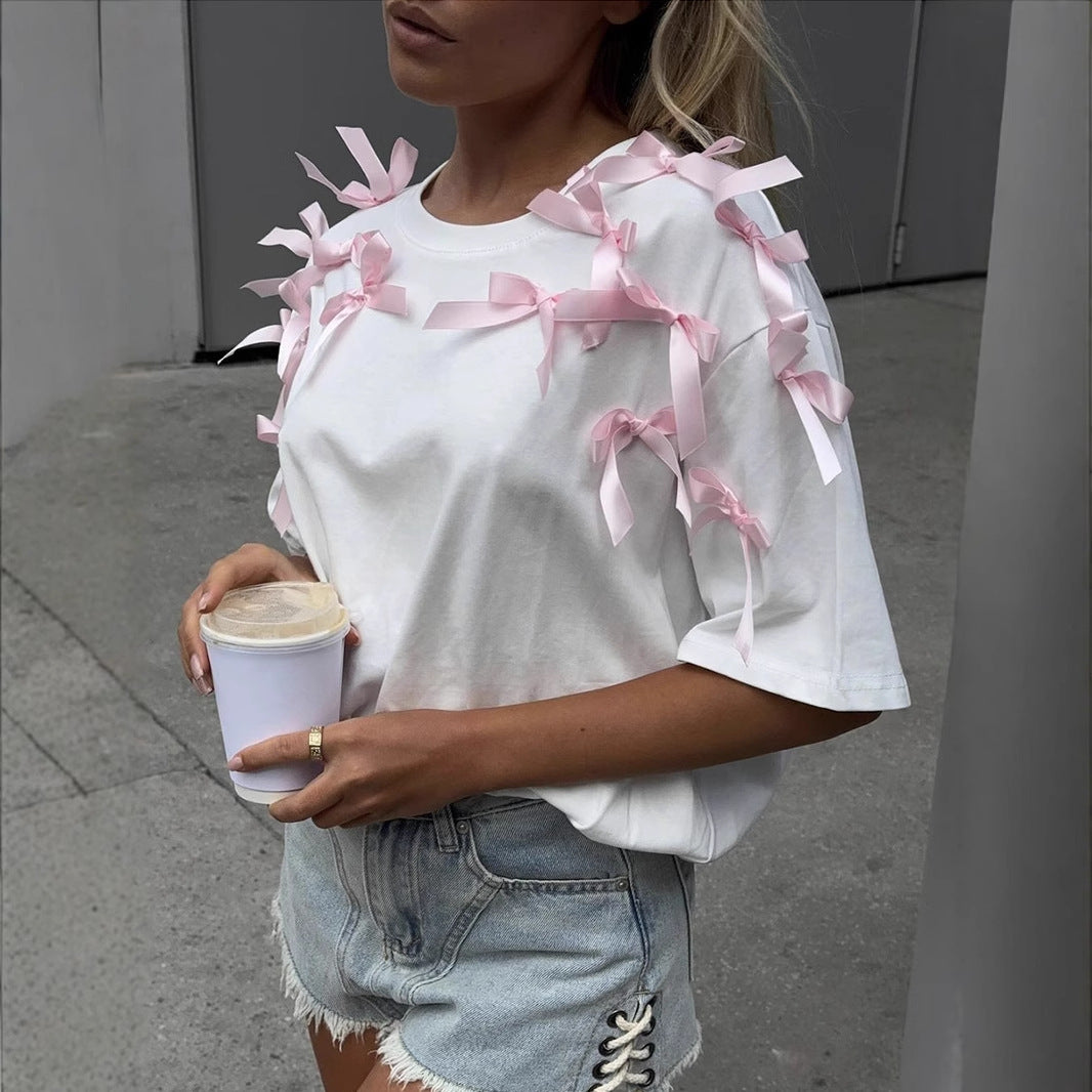 Camiseta Algodón Manga Corta Lazo Holgada Mujer