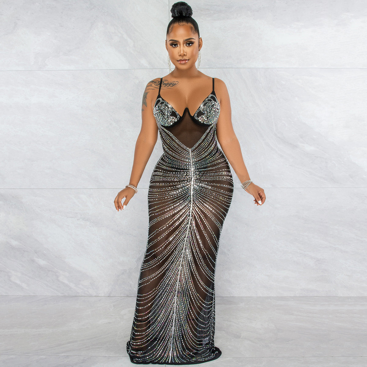 Vestido Largo Sin Mangas Tul Mesh Transparente con Pedrería Elegante Mujer