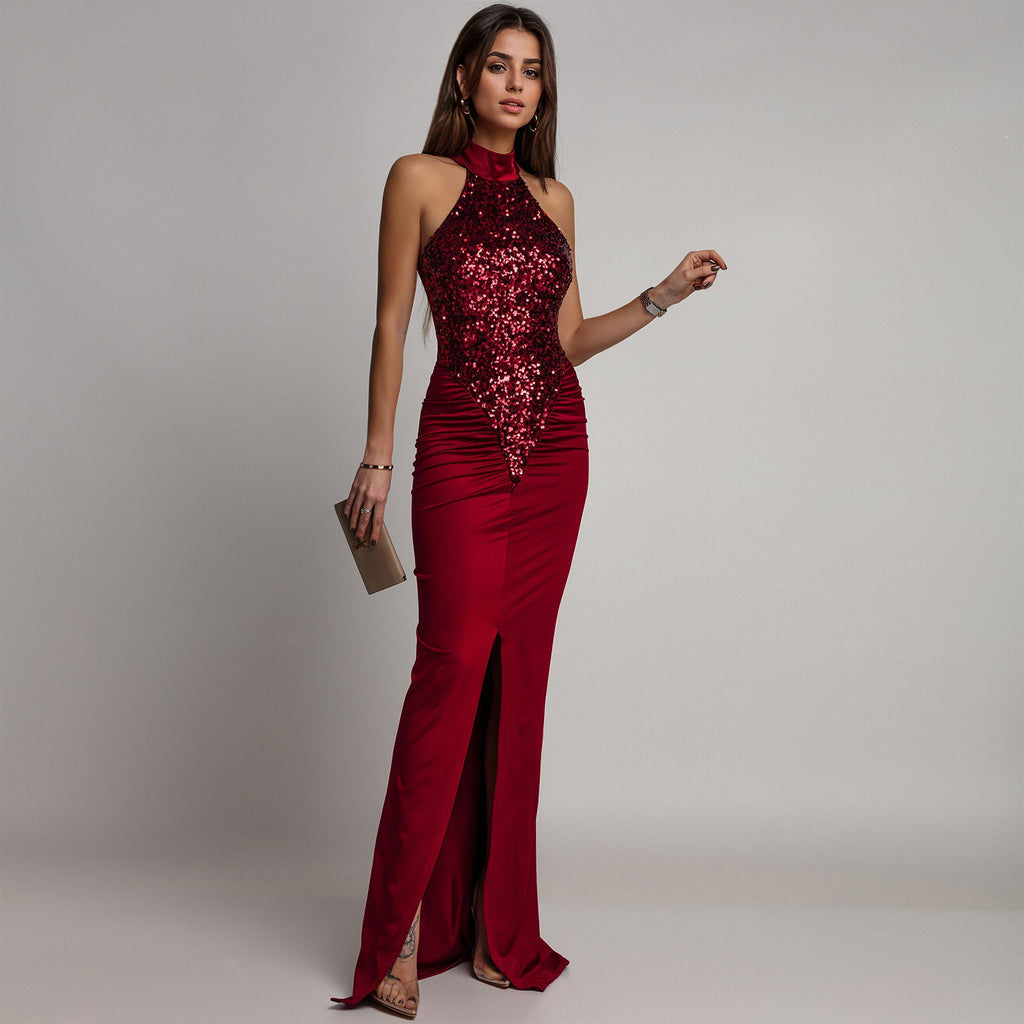 Vestido Largo Bodycon Sin Mangas Cuello Alto Pedrería Terciopelo Lentejuelas Abertura Elegante Mujer
