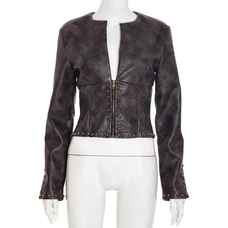 Women's Autumn New Solid Color Casual Zipper Slim Fit Long Sleeve Deep V Neck Crop PU Leather Top